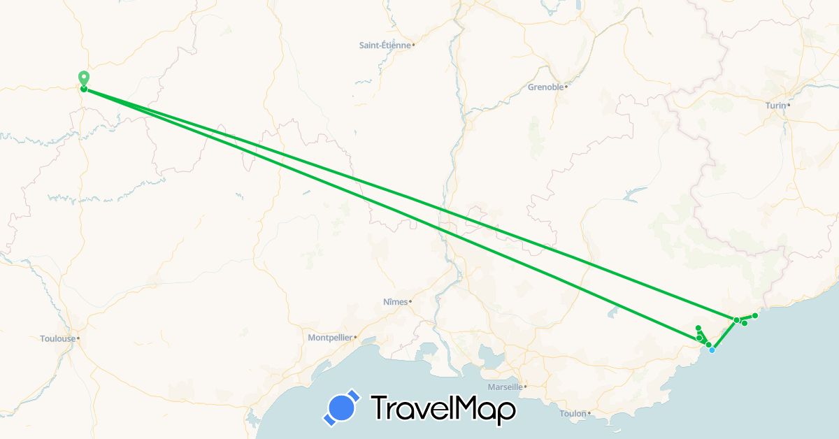 TravelMap itinerary: driving, bus, boat in France, Monaco (Europe)